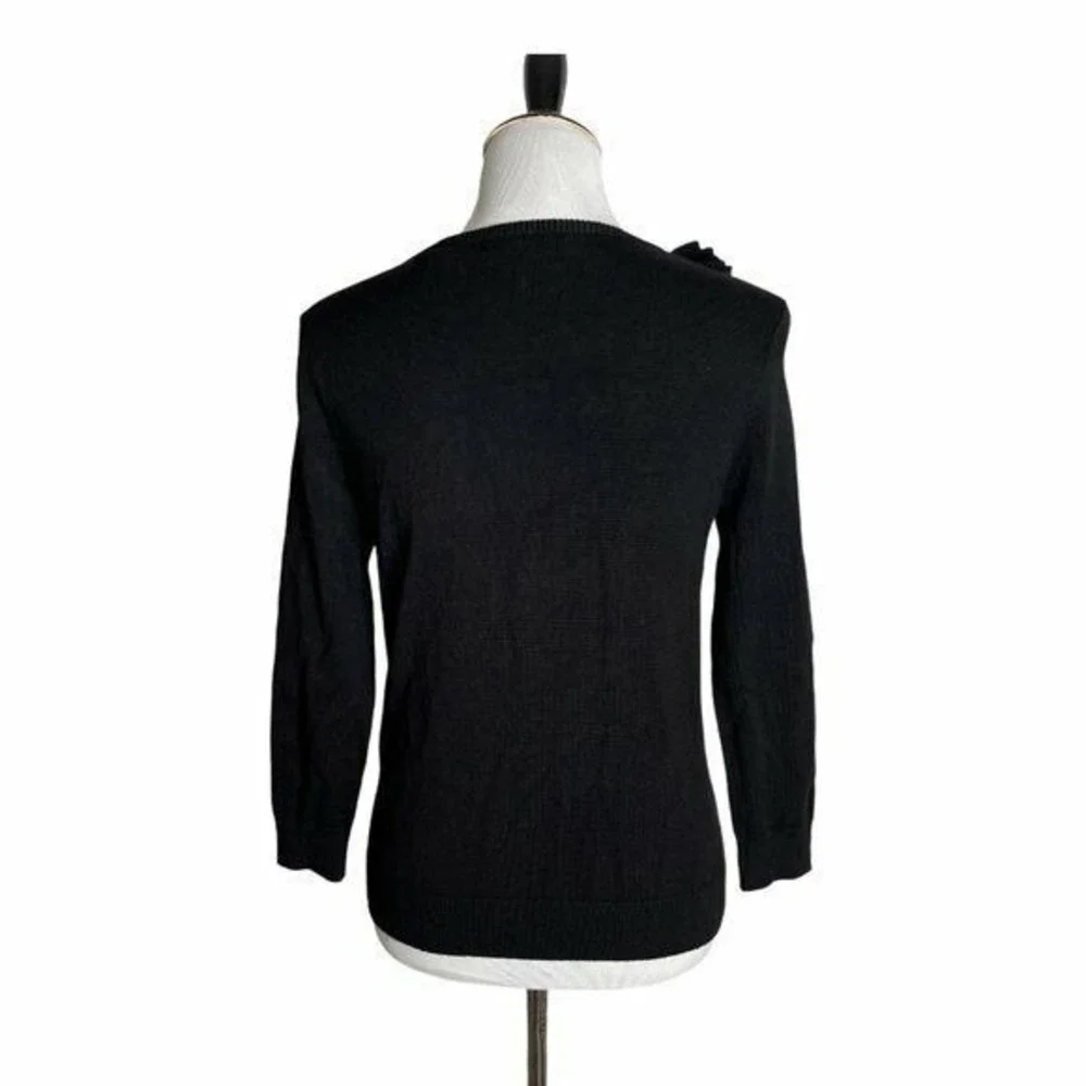 Black Ruffled Cardigan Sweater Scoop Neck Layered Frill‎ 3/4 Sleeve Knit Top MP